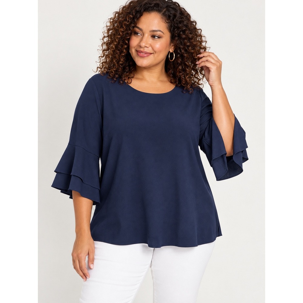 Lane Bryant Top Womens 18/20 Navy Blue Tiered Ruffle Bell Sleeve Plus Size